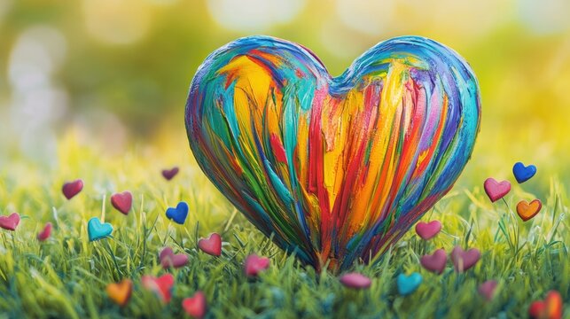 Large colorful heart highlighted in vibrant grass, with small surrounding hearts creating a whimsical pattern.