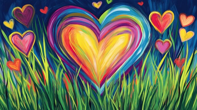 Large colorful heart highlighted in vibrant grass, with small surrounding hearts creating a whimsical pattern.