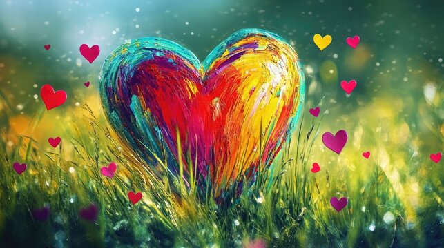 Large colorful heart highlighted in vibrant grass, with small surrounding hearts creating a whimsical pattern.