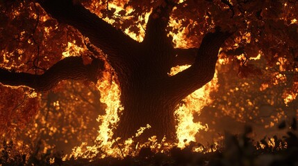 Poster - Majestic tree engulfed in flames during sunset