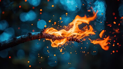 Wall Mural - Burning branch with vibrant flames and glowing sparks