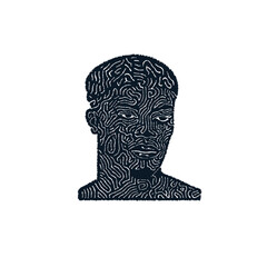 Poster - Intricate black line art portrait of a stylized male head with abstract features on a transparent background