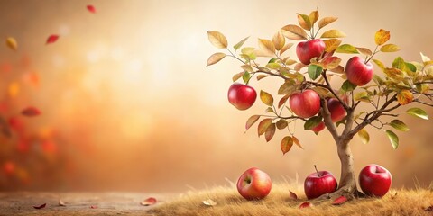 Wall Mural - Autumnal Apple Tree with Ripe Fruit and Falling Leaves on a Sunny Day