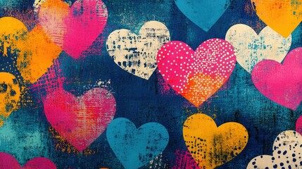 Poster - Patterned hearts with dots and textured details, blending seamlessly into a vibrant background.