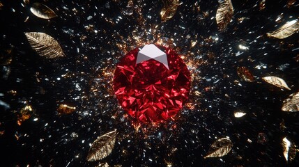 Wall Mural - Radiant red gemstone surrounded by sparkling gold leaves