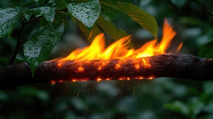 Sticker - Fiery branch amidst rain-soaked foliage