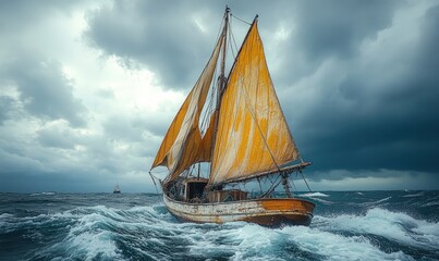 Canvas Print - Old sailboat battles stormy ocean waves.