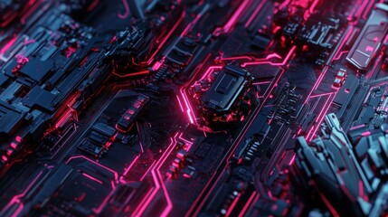 Poster - Abstract Cyberpunk Circuitry: Glowing Neon Pink Lines on Dark Metallic Surface