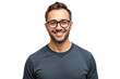 Portrait of a smiling man with glasses wearing casual t-shirt, isolated on white background