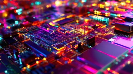 Poster - Neon Circuitry: A vibrant close-up of a futuristic circuit board, showcasing intricate details and glowing neon colors.