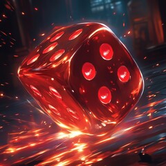 Poster - Fiery red translucent die rolls, sparks fly.