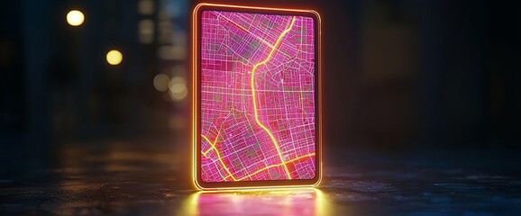 Poster - Neon glowing tablet displaying city map at night.