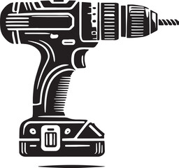 Black Color Cordless Drill Silhouette Vector Illustration, Solid White Background. minimal vector design