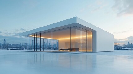 Aufkleber - Modern glass pavilion at dusk, city skyline view.