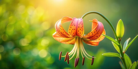 Wall Mural - A vibrant orange lily, speckled with dark spots, gracefully curves against a soft-focus backdrop of lush greenery bathed in the warm glow of sunlight.