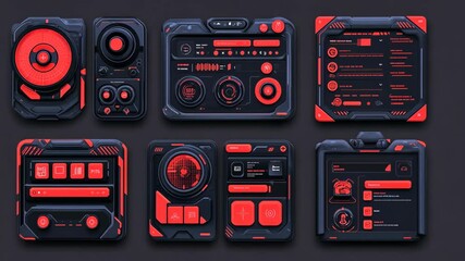 Futuristic user interface design featuring red and black color scheme for various digital applications