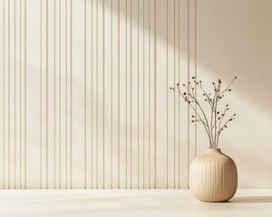 Aufkleber - Minimalist Smart Office Neutral-Toned Workspace with IoT-Enabled Desk and Interactive Assistant for Enhanced Productivity - Modern Automation in Tech-Driven Business Environments