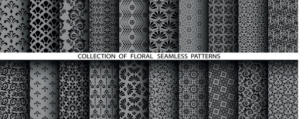 Leinwandbilder - Geometric floral set of seamless patterns. Gray and black vector backgrounds. Damask graphic ornaments