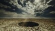 © TINGTING - Massive meteor crater surrounded by cracked barren terrain under dramatic cloudy sky, showcasing the immense scale and raw power of natural geological formations.