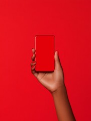 Leinwandbilder - Vibrant Tech Aesthetic Close-Up of Hand Holding Sleek Smartphone with Bold Red Screen - Dynamic Mobile UI Design and Digital Branding for Cutting-Edge Business Solutions