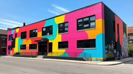 Wall Mural - Vibrant Colorful Building Mural with Geometric Shapes