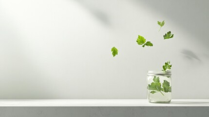 Poster - Minimalist Culinary Aesthetic Elegant Glass Jar with Floating Herbs on White Counter Contemporary Nutrition Display and Wellness Lifestyle Marketing