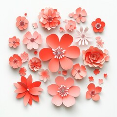 Coral paper flowers arranged on white background