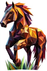 A low polygon style horse, isolate on white background, defined by geometric shapes and vibrant colors.