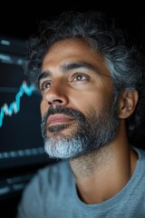 Aufkleber - Contemporary Financial Insight Portrait of Mature Man Analyzing Digital Stock Trends on Backlit Screen - Tech-Aware Investment Guidance for Modern Financial Strategies