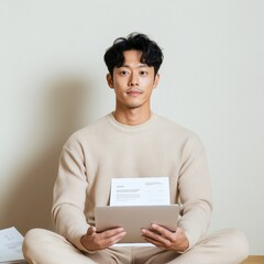 Leinwandbilder - Minimalist Study Space Young Korean Man with Laptop and Exam Guides - Digital Learning Focus in Modern Educational Content and Student Lifestyle Imagery
