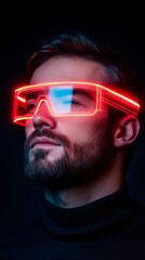 Poster - Futuristic Cyber Glow Red Neon Mixed Reality Headset on Young Adult Male - Tech Fashion Statement and Immersive User Experience in Digital Marketing and Gaming Industries