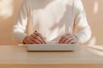 Leinwandbilder - zen workplace minimalism south korean man in natural light closes laptop on oak desk with journal - 