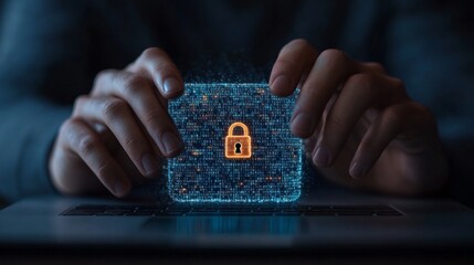 Fototapete - Digital Security Aesthetics Hands Typing on a Laptop Displaying Secure Login with Padlock - Cybersecurity Insights for Modern Business Protection