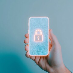 Fototapete - Cutting-Edge Encrypted Communication Light-Skinned Hand Holding Smartphone with Glowing Lock Symbol - Cybersecurity Impact on Modern Business and Secure Messaging Tech Design