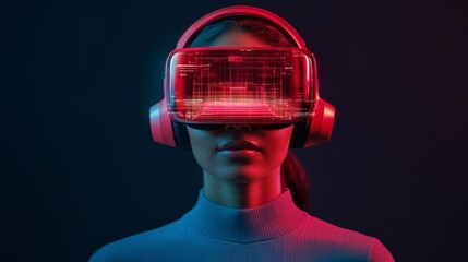 Poster - Cutting-Edge Virtual Reality Interface Modern Woman in Futuristic Headset on Digital StageRevolutionizing Tech Innovation and Immersive Business Networking Solutions