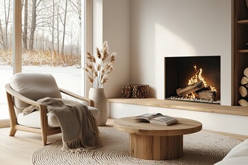 Wall Mural - Cozy living room interior with comfortable sofa, book and fireplace on background