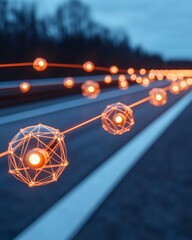 Poster - Futuristic Energy Visualization Luminous Network Nodes on Urban Pathway - Smart Grid Connectivity and Business Efficiency in Sustainable Tech Marketing