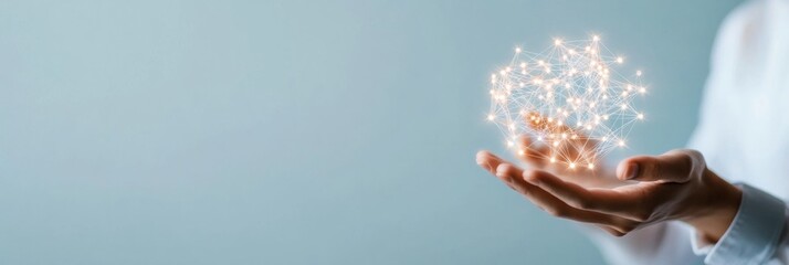 Poster - Neural Network Minimalism Futuristic Light Sphere in Hands for Digital Lifestyle Integration - Interactive Tech Aesthetic and Modern Connectivity Solutions