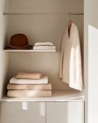 Poster - Scandinavian Micro Apartment Wardrobe Neutral Minimalism with Labeled Storage Shelves and Hooks - Smart Storage Solutions for Compact Living and Modern Urban Spaces