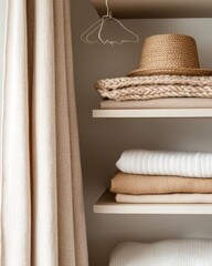 Poster - Contemporary Micro Living Beige Textured Wardrobe with Minimalist Shelving for Efficient Urban Spaces - Functional Design in Compact Home Solutions for Modern Lifestyles