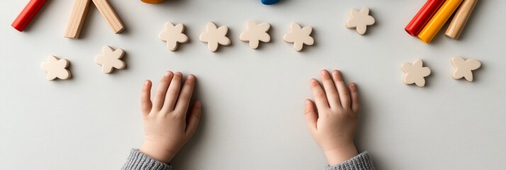 Aufkleber - Modern Montessori Aesthetic Handcrafted Wooden Alphabet with Childrens Hands and Art Supplies - Creative Early Learning and Literacy Development for Educational Markets