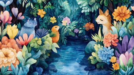 Wall Mural - Enchanting Watercolor Forest Animals Flowers and Stream