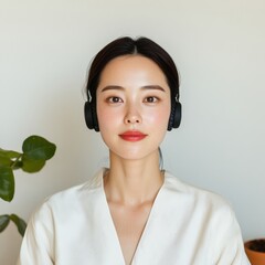 Aufkleber - Sleek Minimalism in Digital Job Interviews Confident South Korean Woman Engages in Virtual Hiring with Headset - Modern Remote Work for Business and Tech Industries
