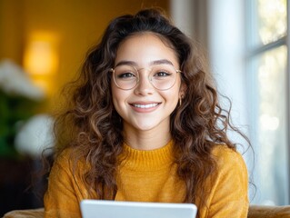 Poster - Contemporary Home Workspace Young Latina Woman with Tablet on Cozy Sofa - Digital Job Search and Remote Hiring Tips in Modern Light-Filled Environment for Career Development