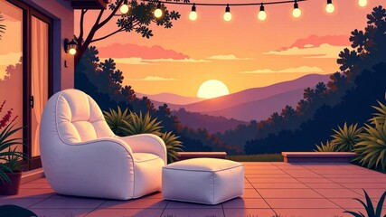 Poster - A white chair is on a patio with a white ottoman. The chair is facing a mountain range and the sun is setting
