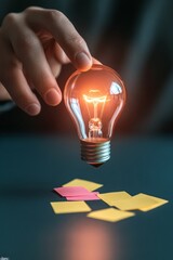Poster - Dynamic Ideation Hub Hand Holding Illuminated Bulb Over Colorful Sticky Notes on Table - Modern Creative Process and Team Innovation for Business Growth
