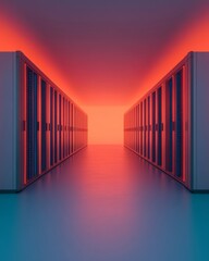 Poster - Neon Data Center Landscape Illuminated Server Halls with Digital Glow - Advanced Tech Solutions for Sustainable Infrastructure and Modern Business Innovation