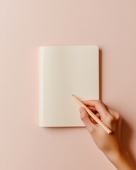 Poster - Minimalist Reflection Softly Lit Notebook and Pen on Pastel Surface - Inspirational Content for Personal Growth and Educational Marketing Strategies