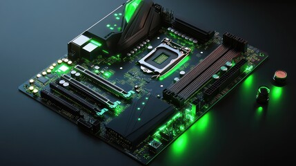 Poster - Illuminated Motherboard: A Close-Up View of Advanced Computer Hardware