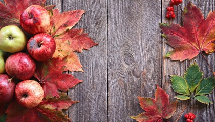 rustic autumn composition with red apples, orange and green maple leaves, and berries on weathered wooden background, perfect for seasonal designs